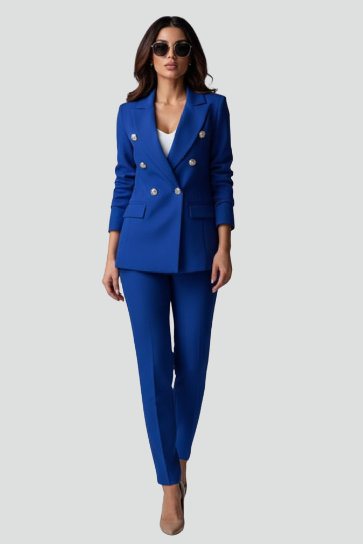 Elegant women's professional suit set, a stylish blazer and straight trousers for a sharp look.