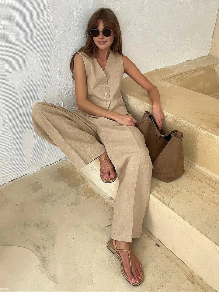 Women's tailored waistcoat and wide-leg trouser matching set, a contemporary & elegant 2-piece outfit.