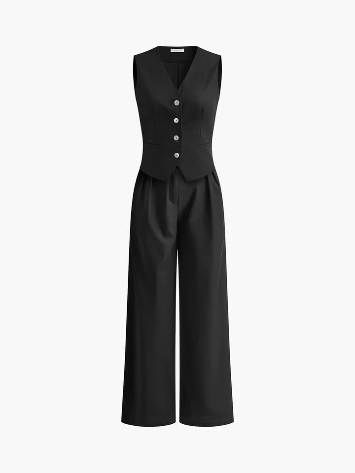 Women's elegant tailored waistcoat and wide-leg trousers, a fashionable 2-piece matching set for women.