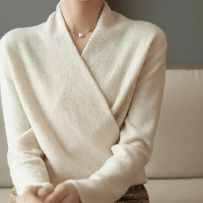 Model wearing a versatile women's knit wrap neck spring top, perfect for everyday casual wear.