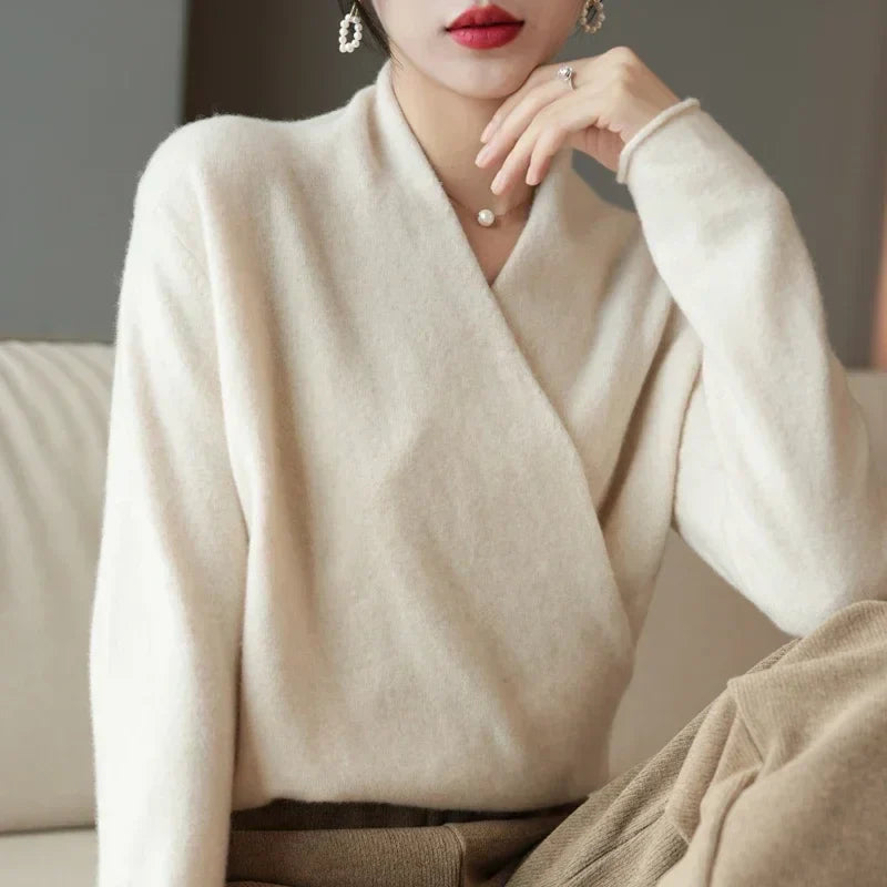 Women's knit wrap neck top in a soft lilac color, ideal for spring fashion and comfort.