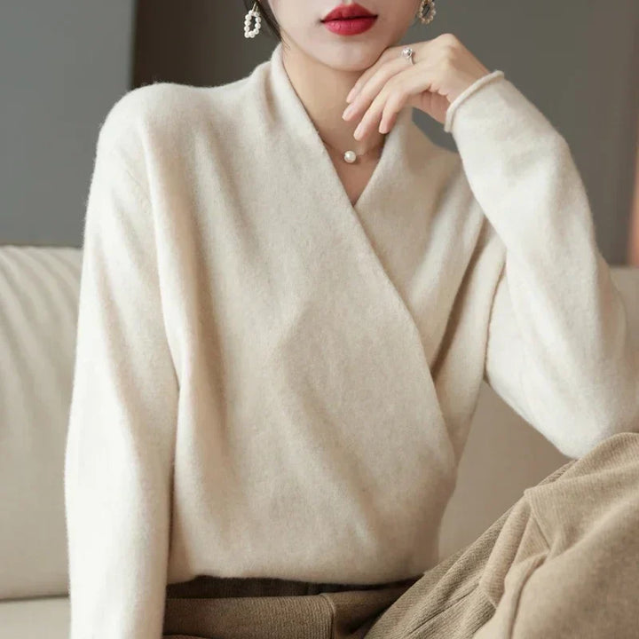 Women's knit wrap neck top in a soft lilac color, ideal for spring fashion and comfort.