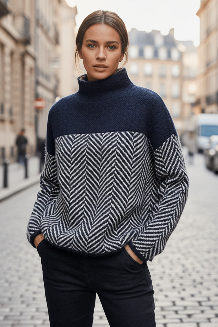 Women's textured knit sweater with stand-up collar, a cozy long-sleeve top for fall and winter everyday wear.