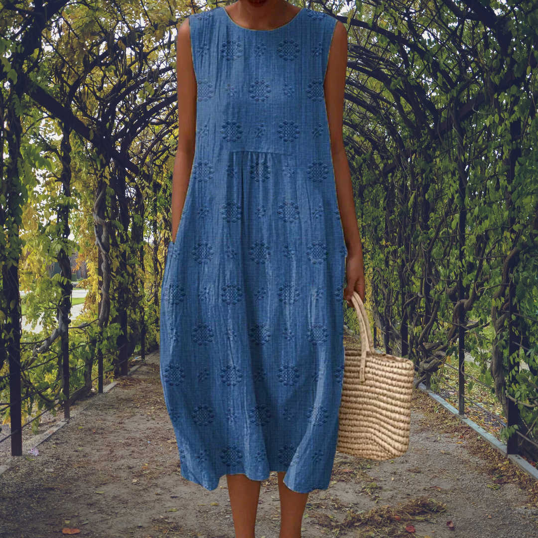 Flowy textured midi dress for women, perfect for vacation or effortless summer style.