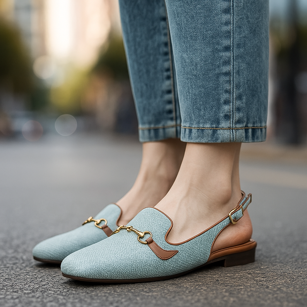 Pair of comfortable women's textured slingback loafers, versatile for both dressy and casual looks.
