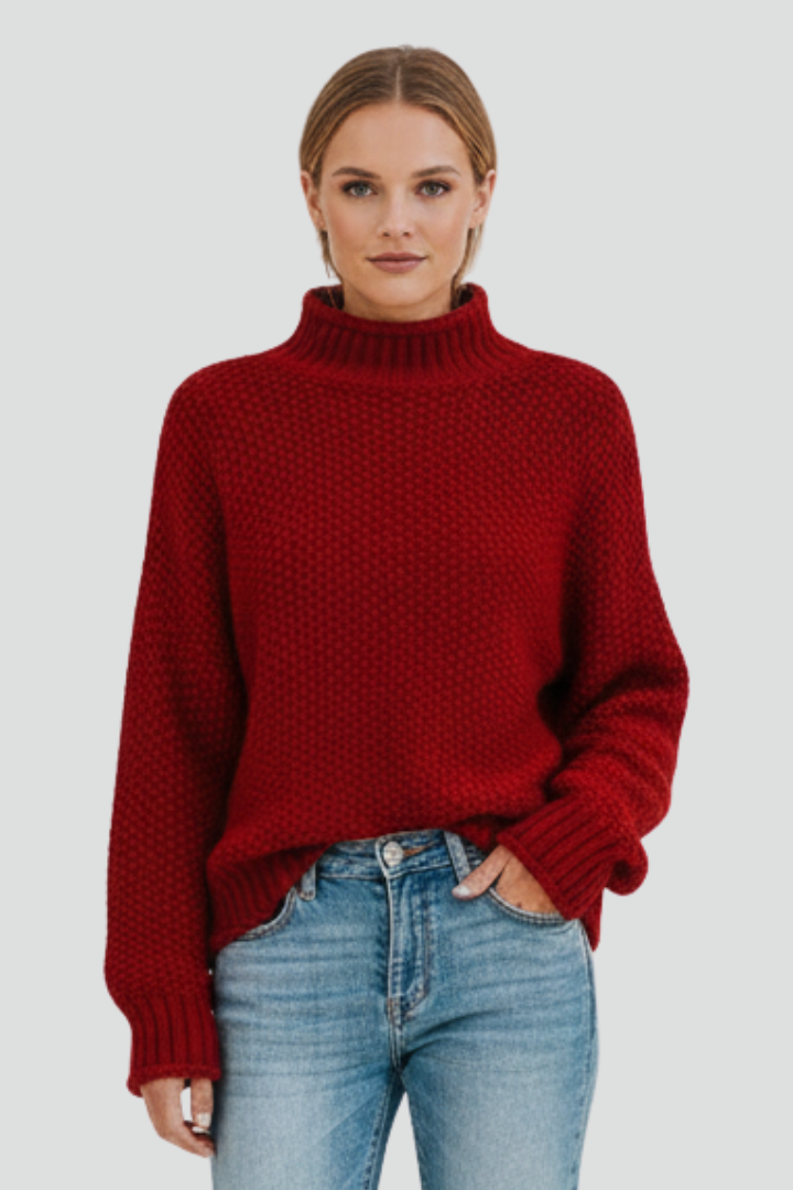 Warm, textured knit long sleeve turtleneck sweater for women; comfortable & stylish winter fashion.