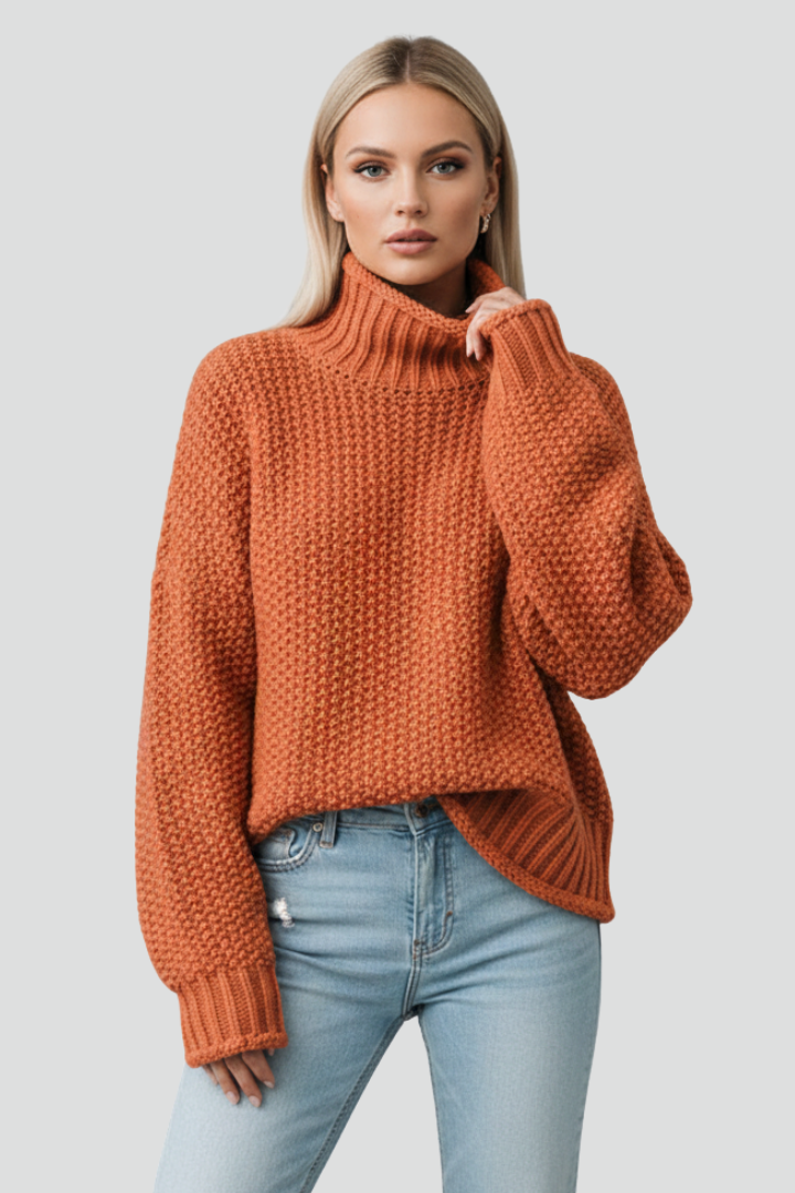 Must-have women's textured turtleneck jumper for cozy fall & winter outfits; oversized fit.
