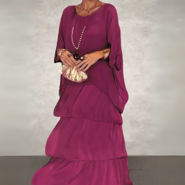 Close-up of the tiered skirt detail on a women's casual maxi dress, highlighting its unique style.