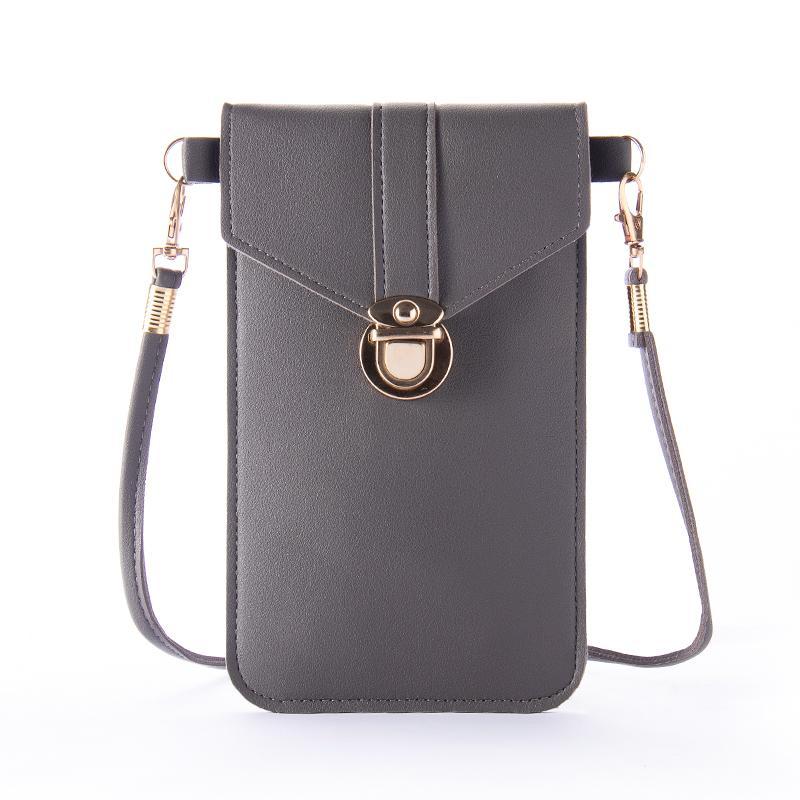Close-up of the zipper detail on a women's touchscreen crossbody mini bag