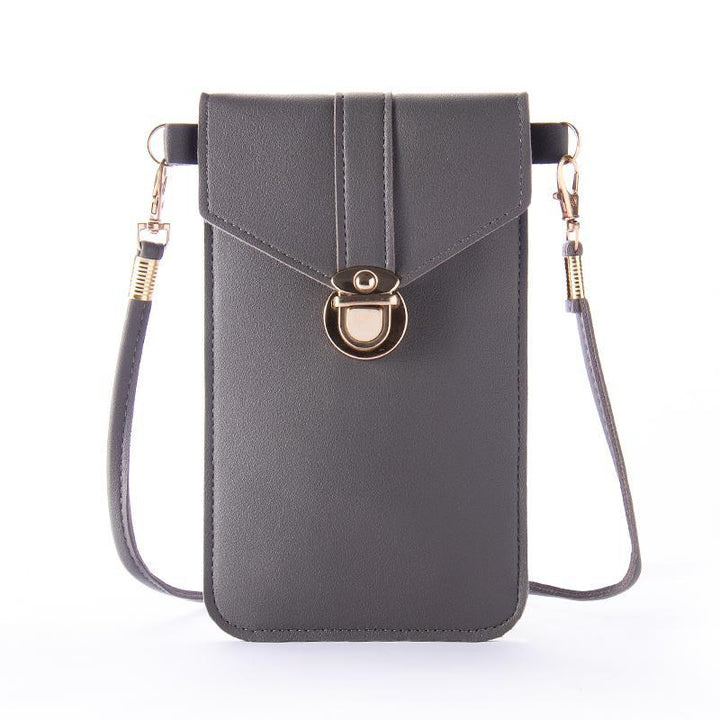 Close-up of the zipper detail on a women's touchscreen crossbody mini bag