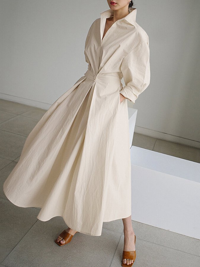 Elegant long sleeve V-neck A-line midi dress for women. Classic style, perfect for fall fashion.