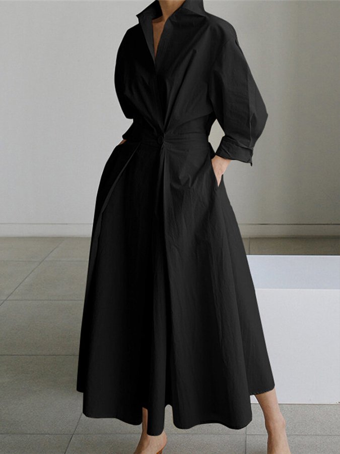 Elegant women's V-neck A-line midi dress. Long sleeves & pockets combine style with practicality.