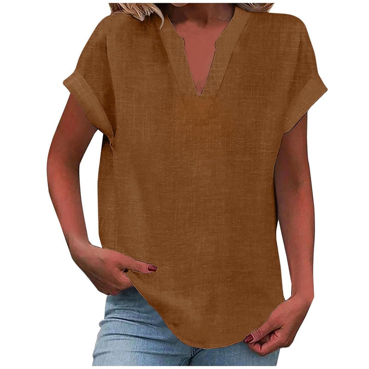 Casual yet elegant women's V-neck blouse, short sleeve, relaxed fit. Perfect for everyday sophistication.