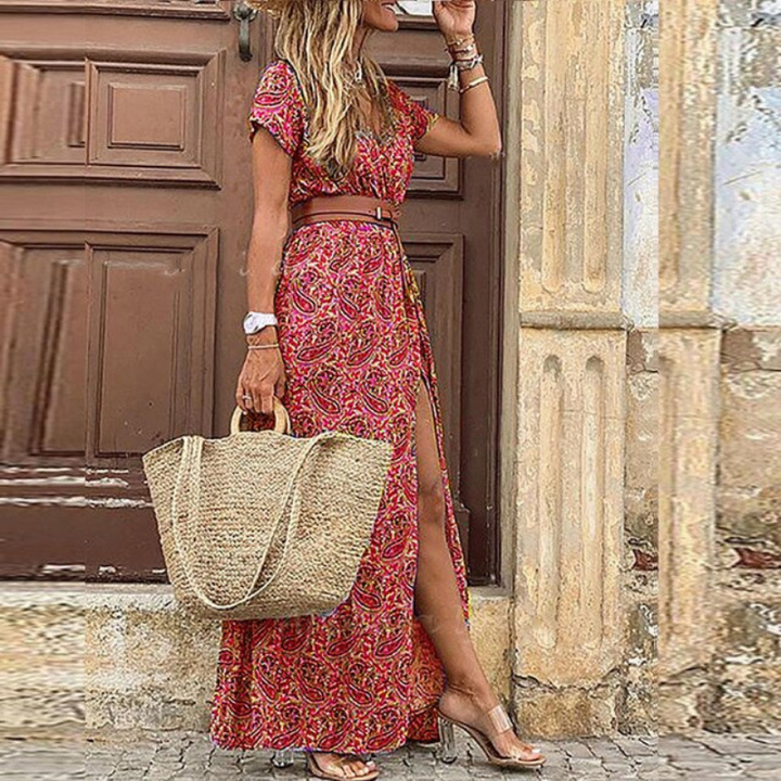 Boho V-neck floral maxi dress for women, with a tie belt, great as a relaxed summer or vacation outfit.