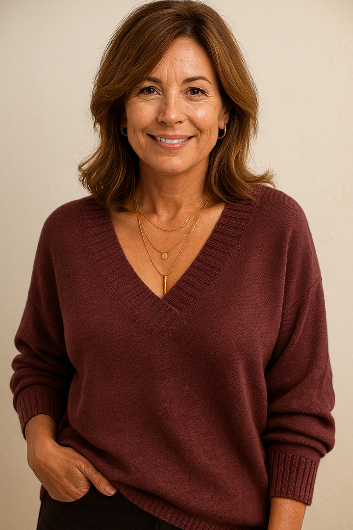 Fall fashion women's V neck sweater. Ribbed knit, long sleeve, relaxed fit, perfect versatile top.