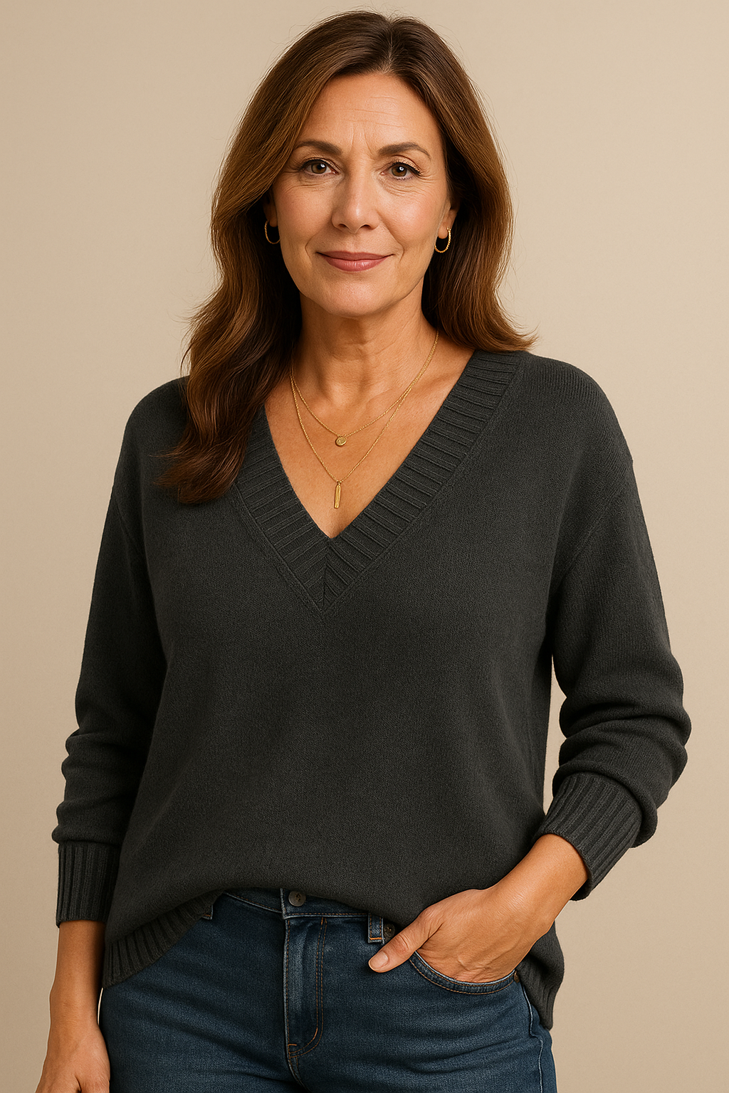 Women's V neck long sleeve pullover. Ribbed knit, relaxed fit, ideal for casual and cozy fall wear.