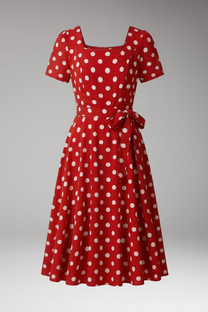 Women's V-neck short sleeve flared dress with stylish spot pattern.