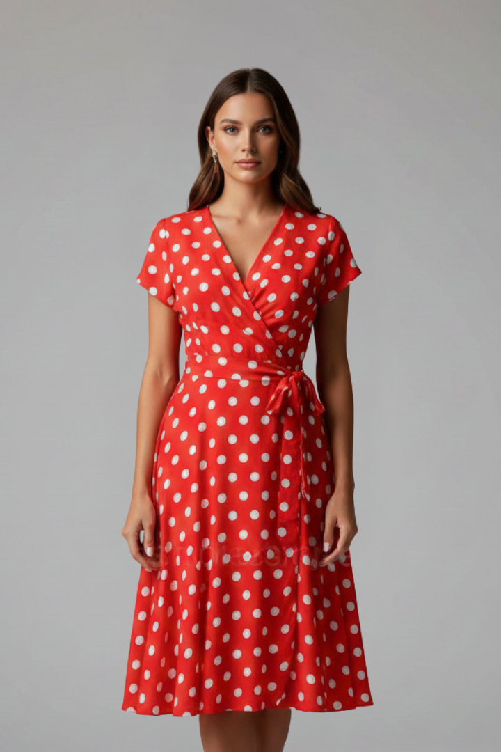 Trendy V-neck women's dress with short sleeves, knee-length flared skirt & spot pattern.