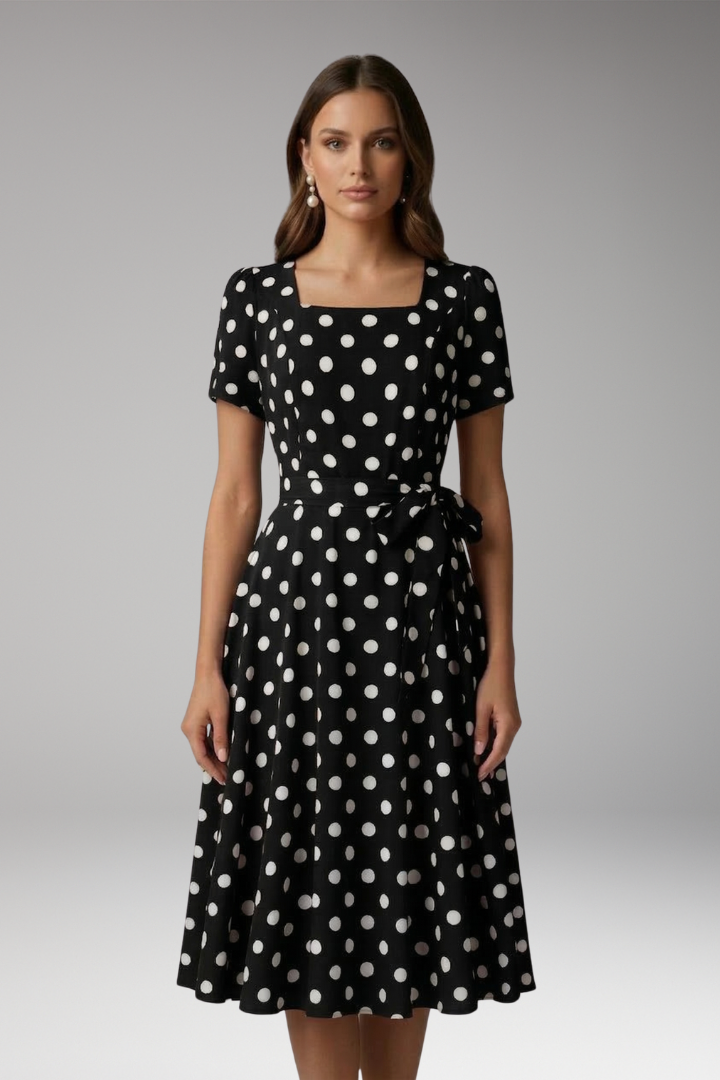 Knee-length women's spot pattern dress, V-neck, short sleeves, perfect for summer fashion.