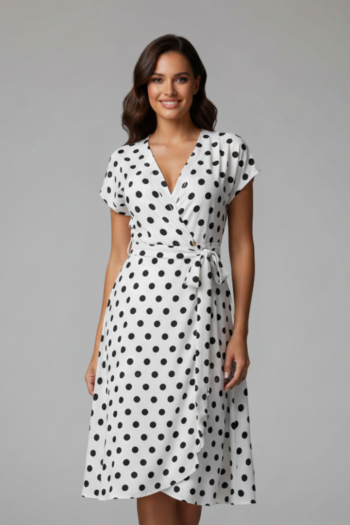 Casual V-neck women's dress with a flattering flared skirt & fashionable spot pattern.