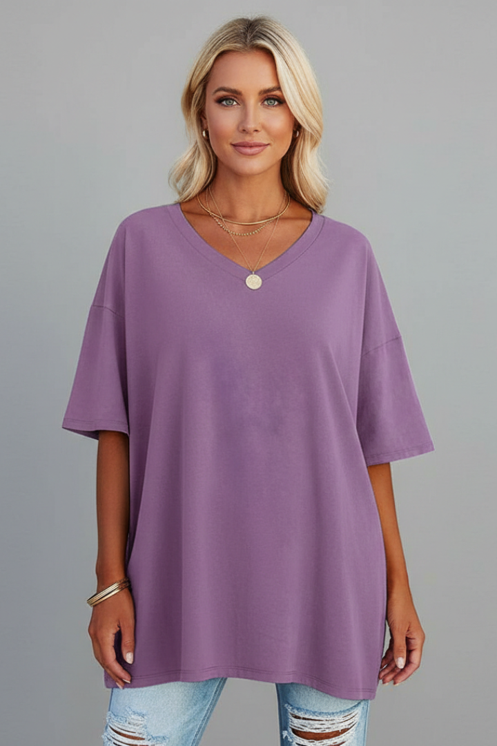 Comfortable women's V-neck t-shirt with short sleeves & loose fit, perfect for casual everyday wear.