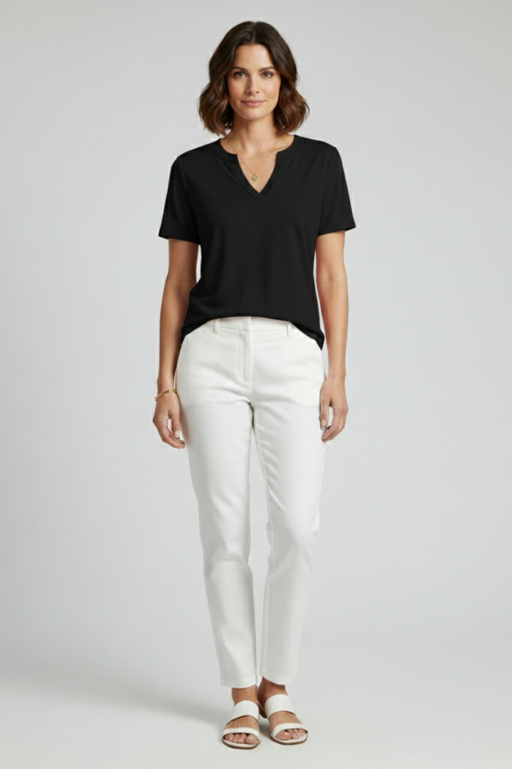 Simple yet chic women's V-neck short sleeve t-shirt, loose fit for versatile casual styling.