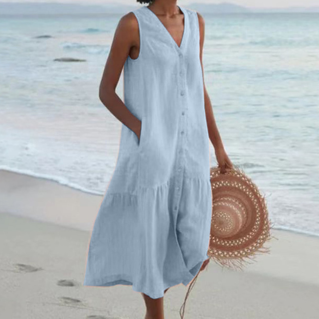 Chic women's V-neck midi dress, sleeveless with button front & ruffle hem, ideal for vacation & beachwear.
