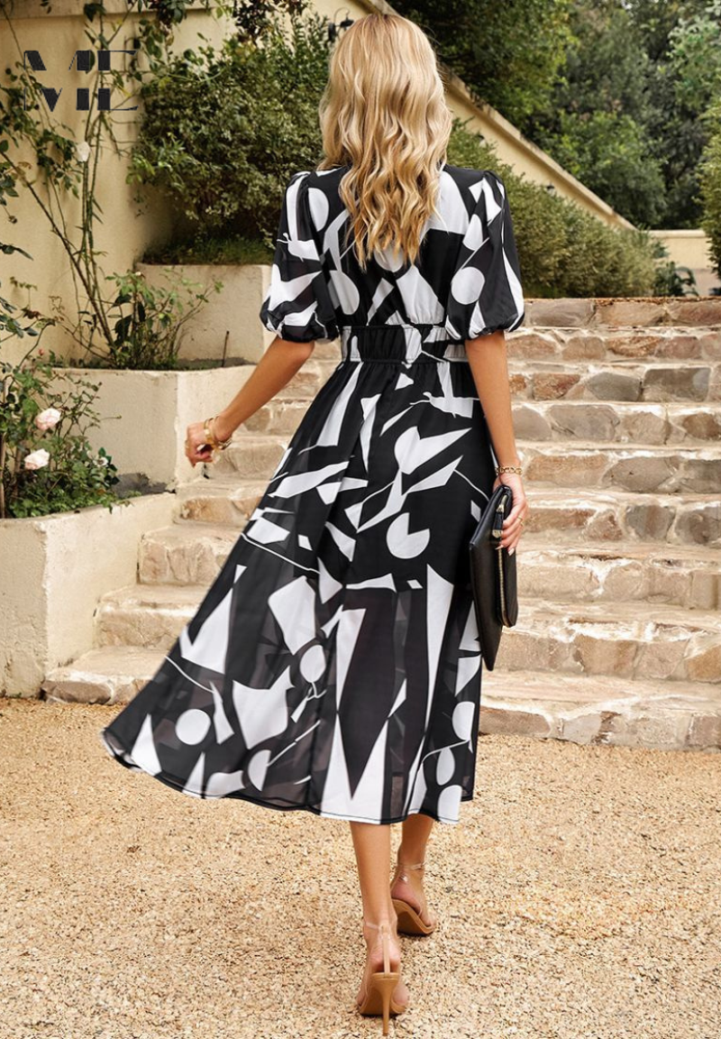 Stylish summer midi dress for women, floral pattern, V-neck, and adjustable tie waist.