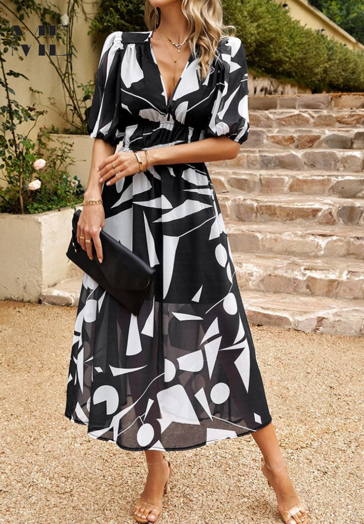 Vibrant floral women's midi dress, V-neck, with a stylish tie waist and flared hem.