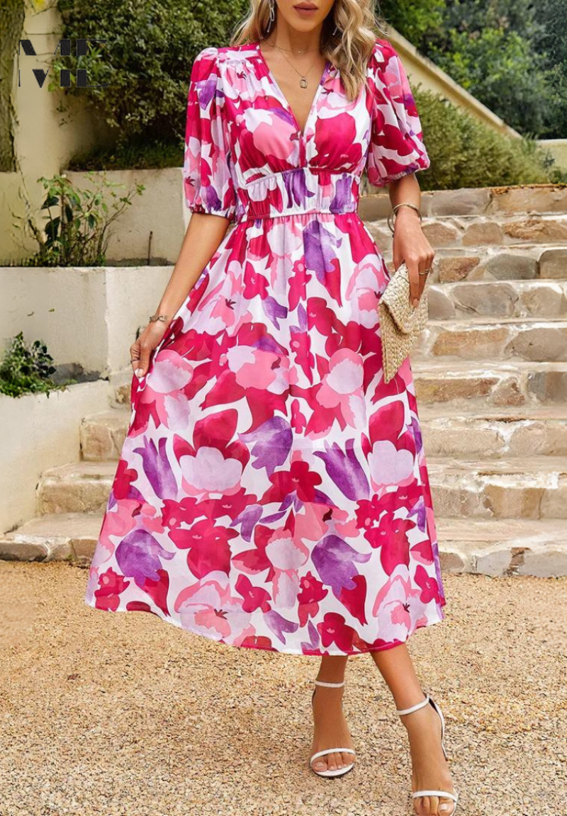 Casual women's V-neck floral midi dress, short sleeves, perfect for summer comfort.