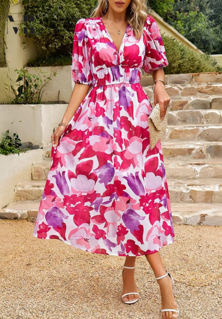 Casual women's V-neck floral midi dress, short sleeves, perfect for summer comfort.