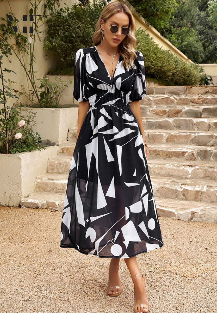 Elegant women's summer midi dress, floral print, V-neck, and stylish tie-waist detail.
