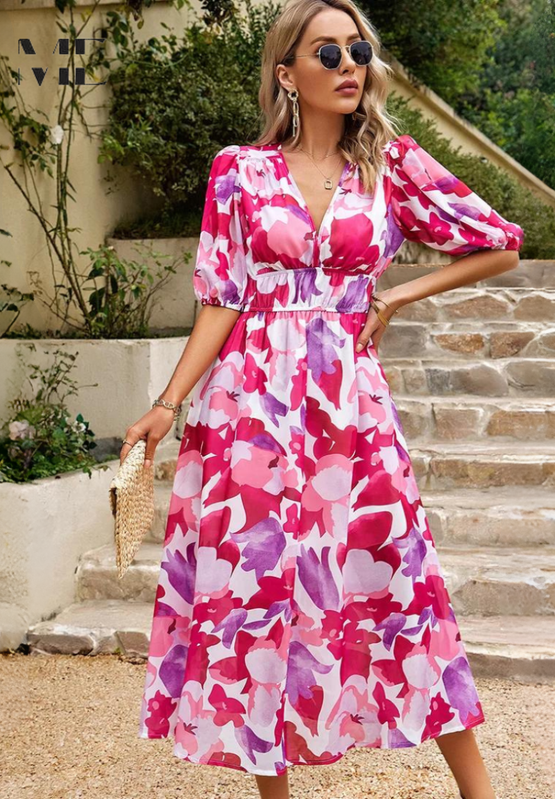 Women's short sleeve floral midi dress, V-neck, tie waist, ideal for casual summer wear.