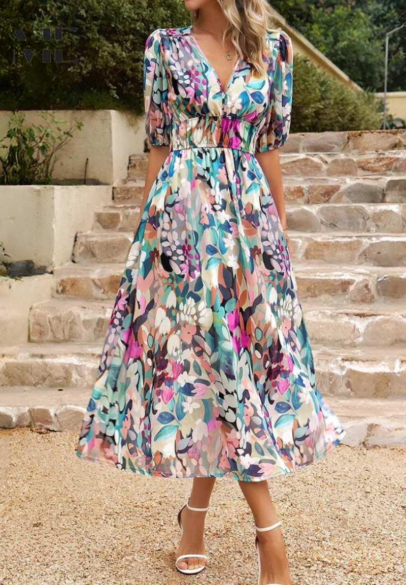 Elegant women's floral midi dress with a tie waist, V-neck, and flowy flared hem.
