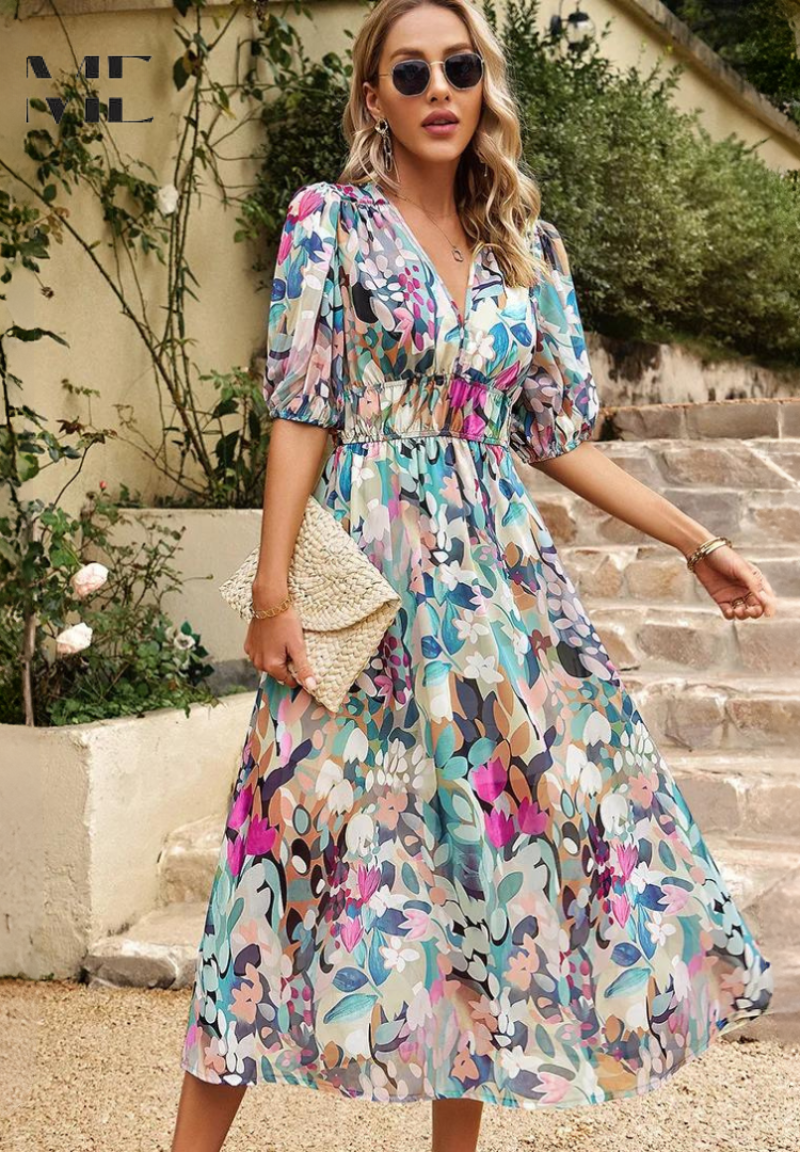Stylish women's short sleeve midi dress, floral print, with a V-neck and tie waist.