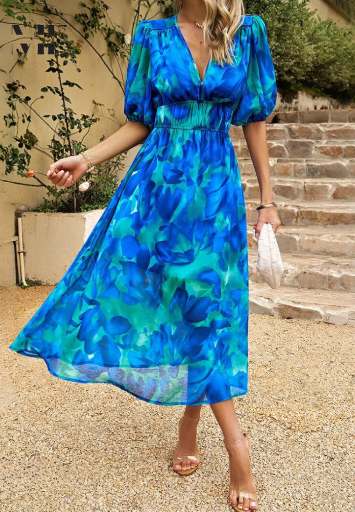 Women's casual floral midi dress, ideal for summer, with a V-neck and tie-waist.