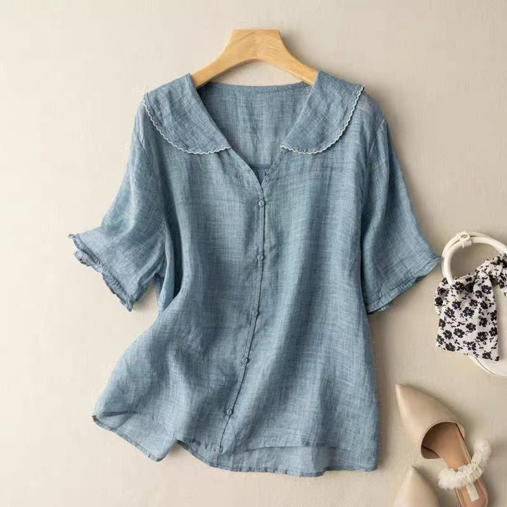 Relaxed fit women's vintage blouse with unique scalloped collar & button-front. Timeless spring fashion.