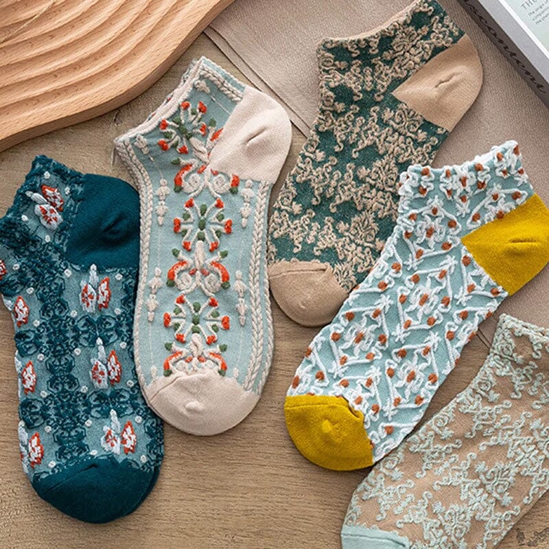 Stylish women's crew socks, embossed cotton, intricate vintage floral design