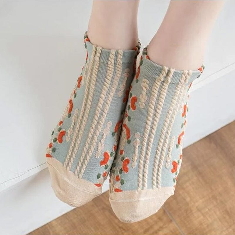 Full-length view of women's vintage embossed floral cotton crew socks, high quality