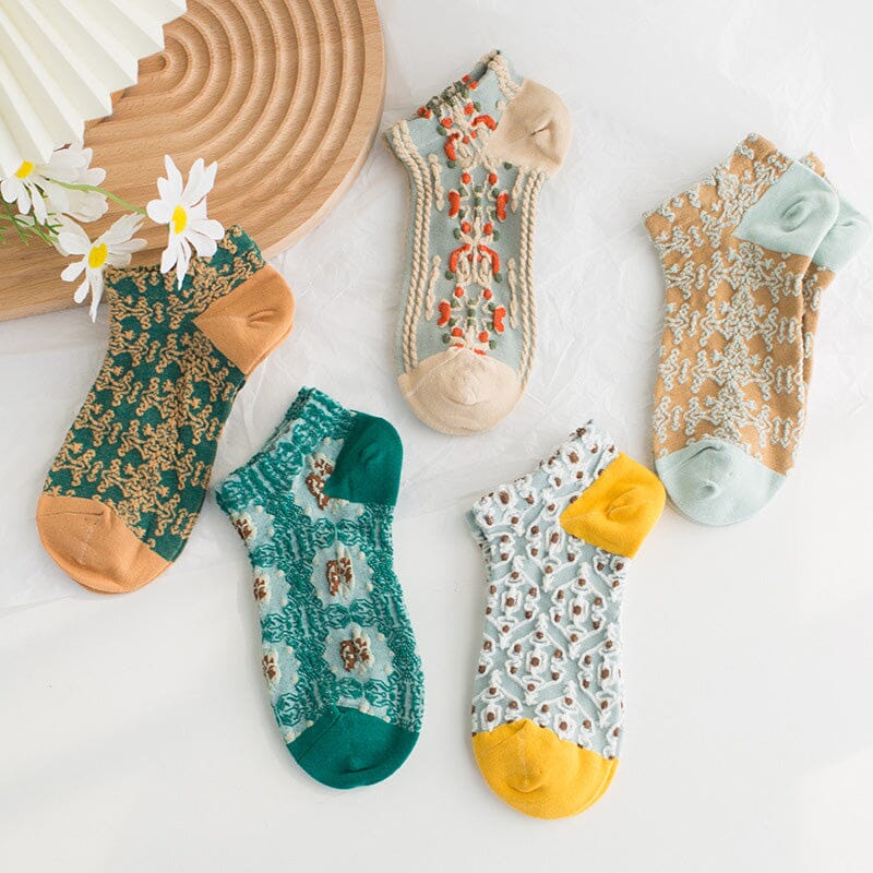 Close-up texture of women's vintage embossed cotton crew socks, soft and durable