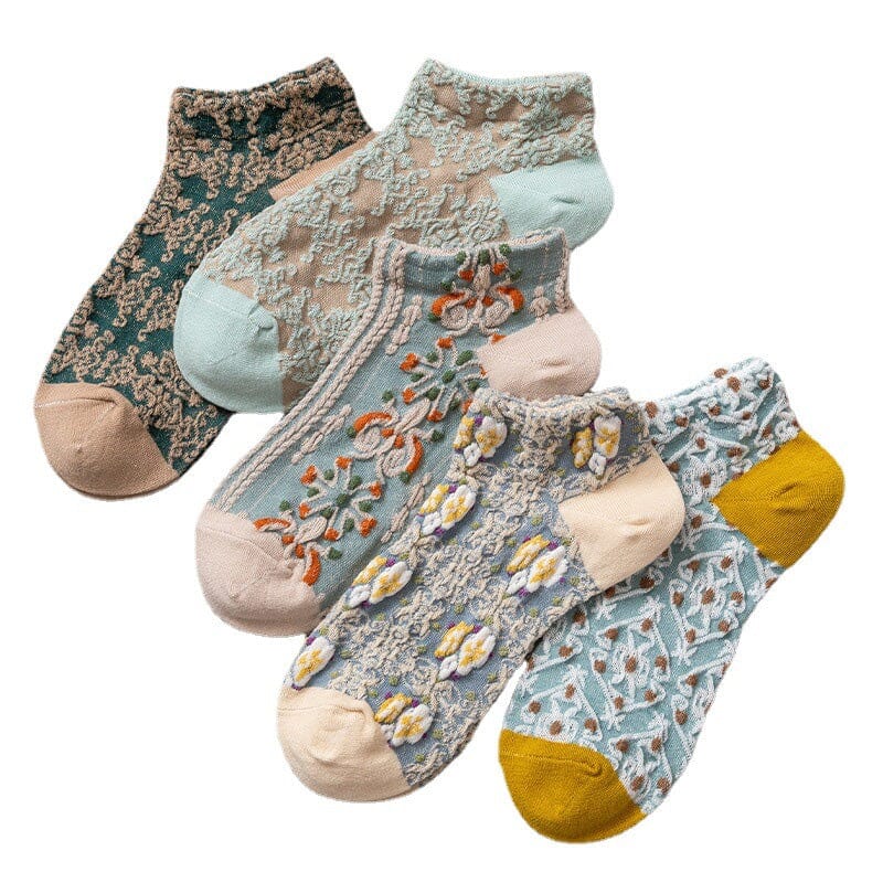 Pair of women's floral embossed cotton crew socks, vintage style, breathable fabric