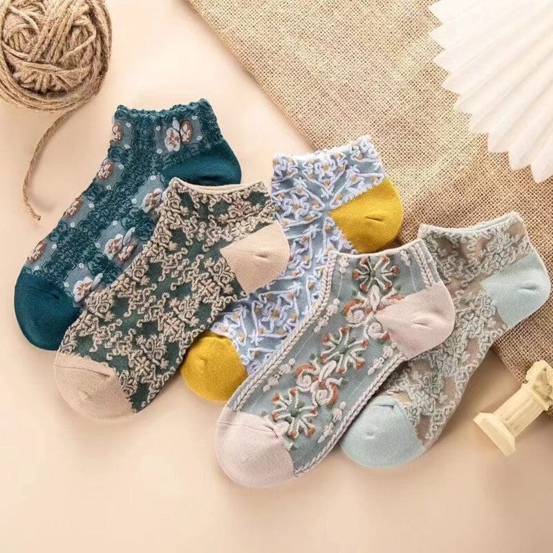 Women's cotton crew socks with embossed vintage floral pattern, comfortable and stylish