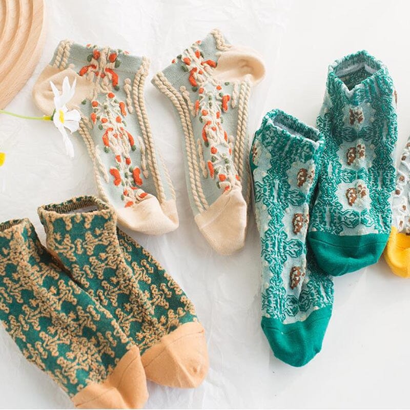 Studio shot of women's vintage embossed floral crew socks, premium quality cotton