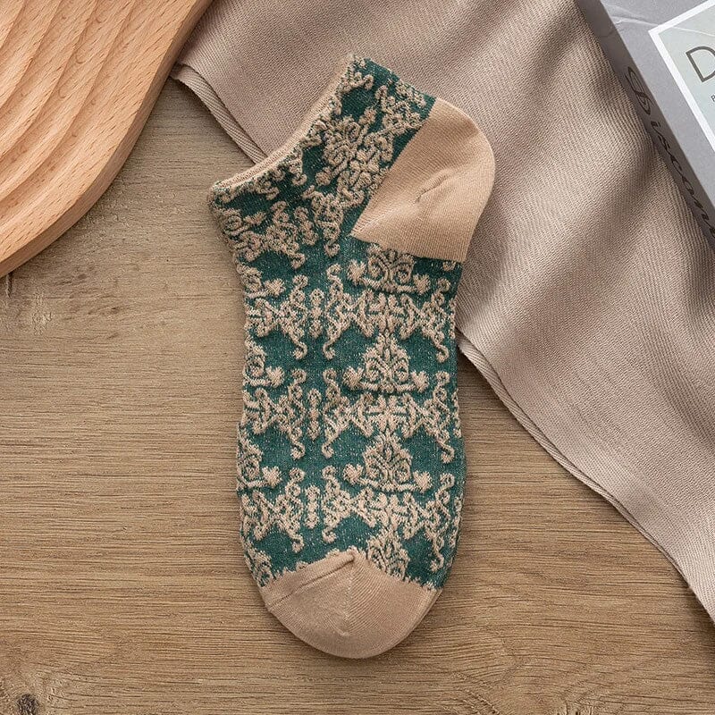 Detailed view of the embossed floral pattern on women's vintage cotton crew socks