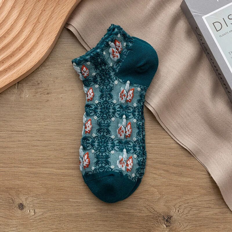 Vintage inspired women's crew socks, embossed floral cotton, perfect for everyday wear