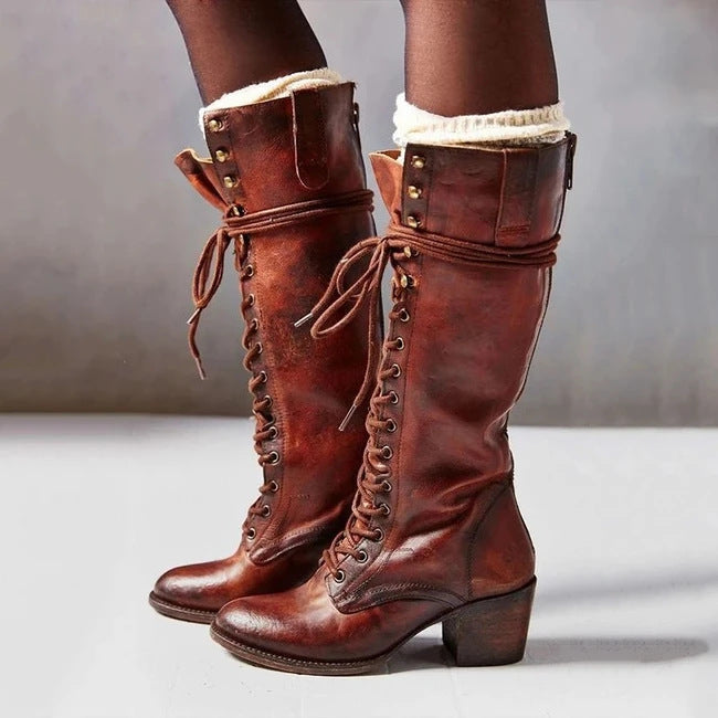 Women's vintage lace-up high heel boots in brown leather, perfect for fall fashion and retro style.