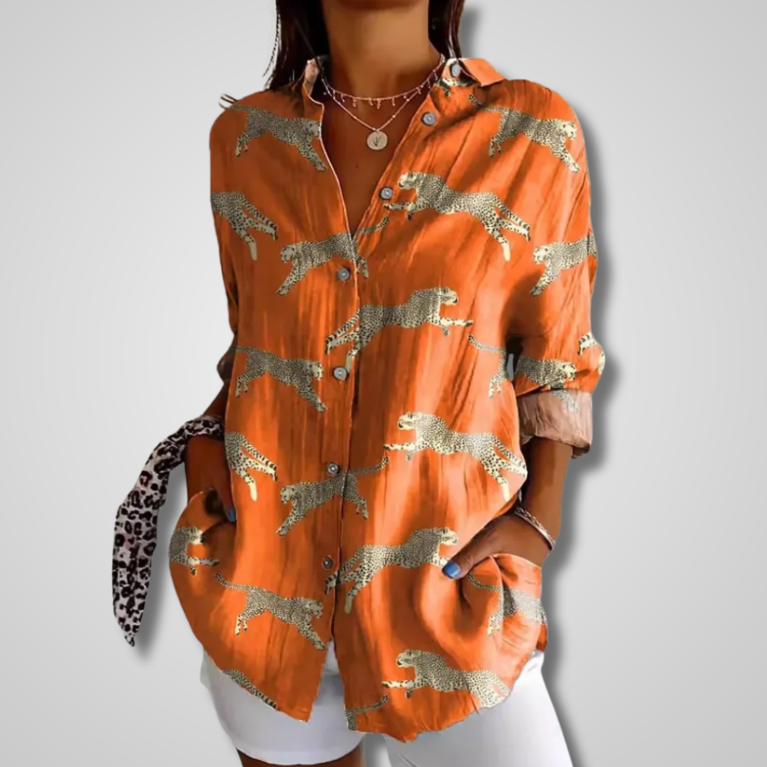 Boho chic women's blouse with vintage print. Long sleeve v-neck button-down shirt, perfect for spring.