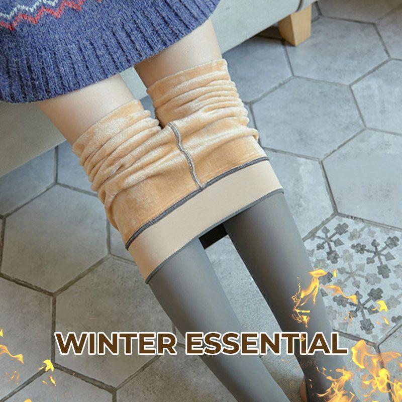 Stack of folded warm fleece-lined translucent stockings, ready for winter outfits.
