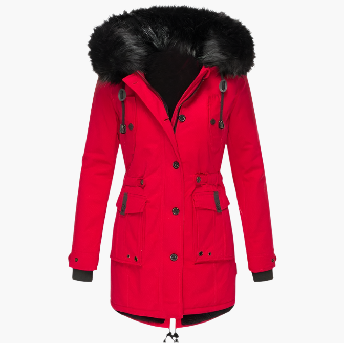 Back view of a women's hooded winter coat, showing quilted detail and warm outerwear design.