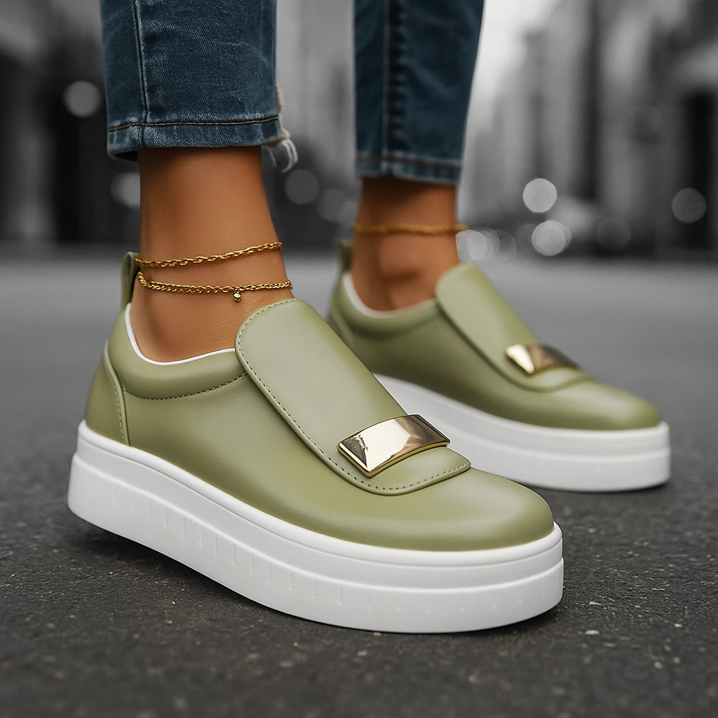 Close-up of gold accent on women's white platform sneaker, highlighting fashion and comfort.